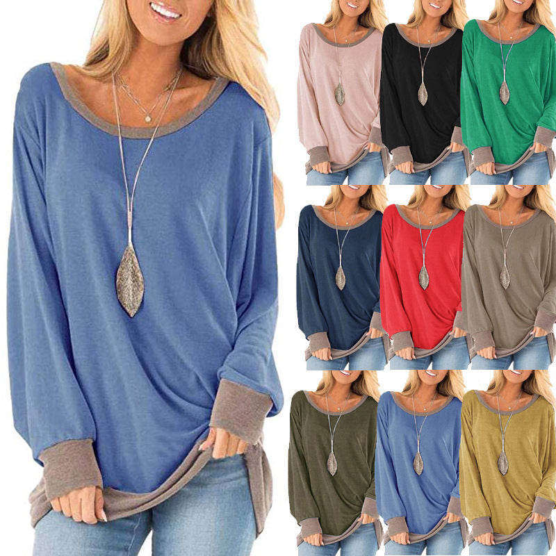 Women's Color Matching Round Neck Long-sleeved Loose T-shirt