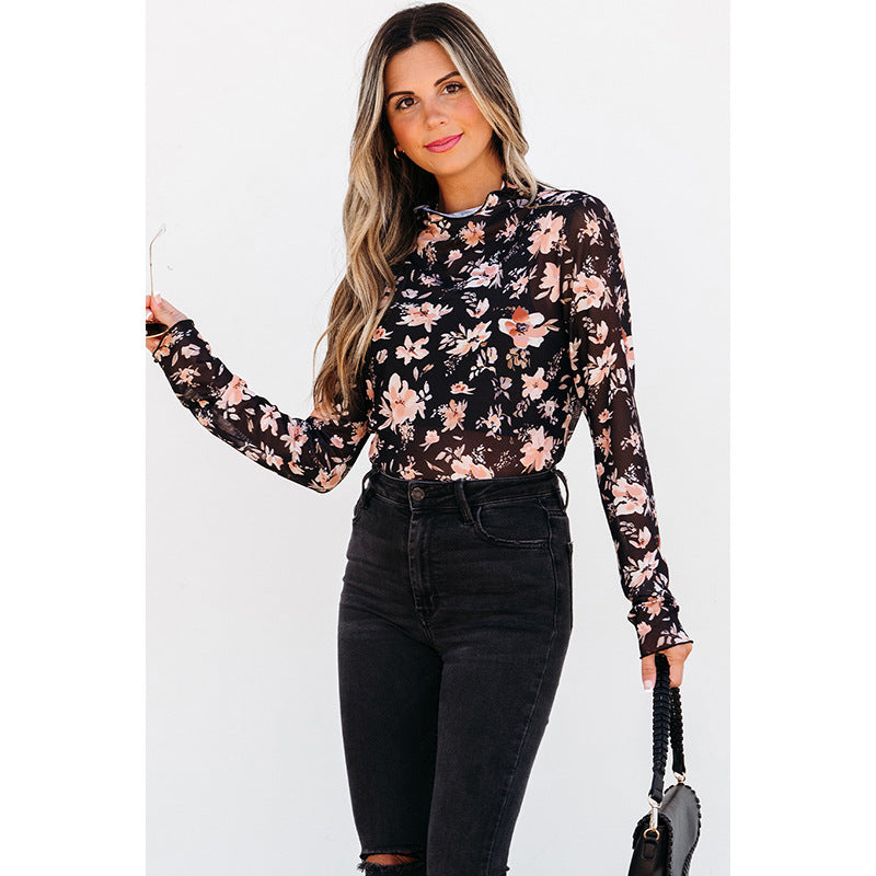 New Floral Print Turtleneck Long Sleeve T-shirt Women