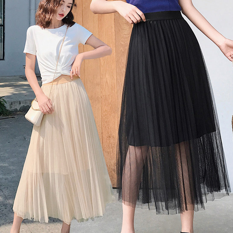 High Waist Mid-length Pleated Draped Yarn Skirt