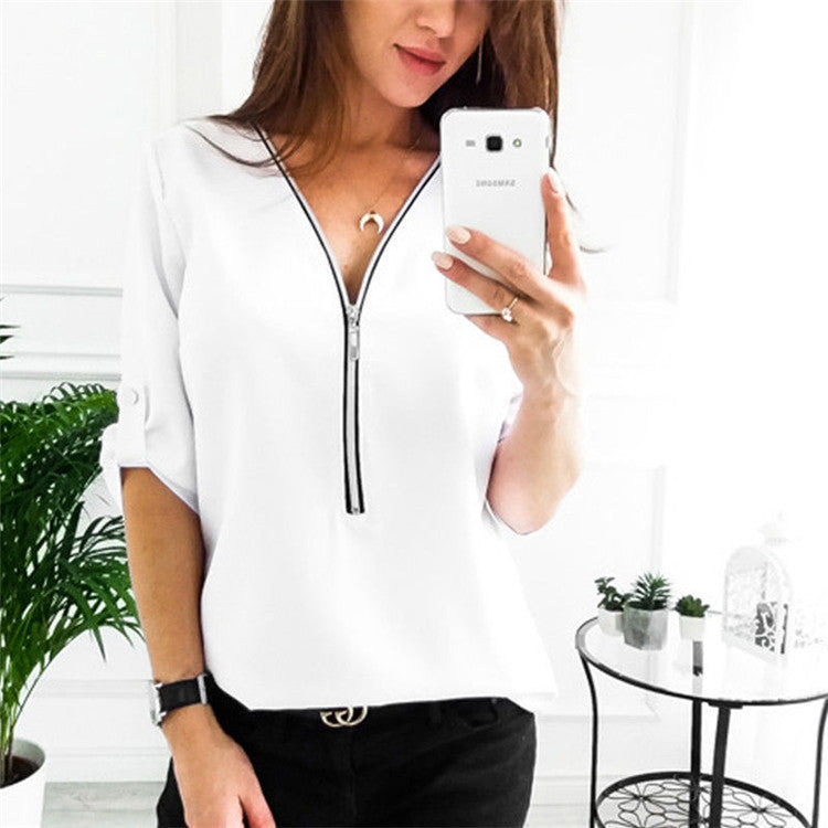 Solid Color Pullover Zipper Loose Women's Long-sleeved Shirt