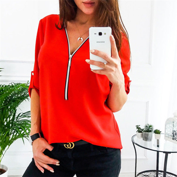 Solid Color Pullover Zipper Loose Women's Long-sleeved Shirt