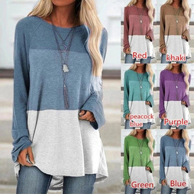 Casual Round Neck Long Sleeve Color Block Print Pullover Loose Top