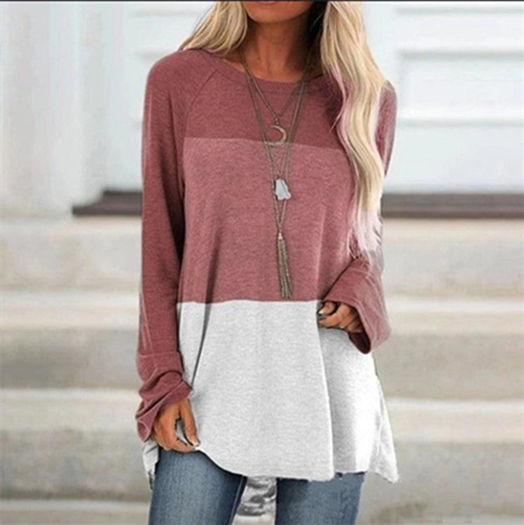 Casual Round Neck Long Sleeve Color Block Print Pullover Loose Top
