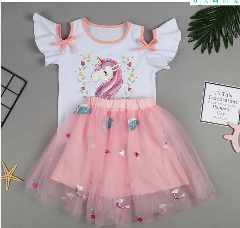 Girls Cartoon Print Short-sleeved T-shirt   Puffy Skirt