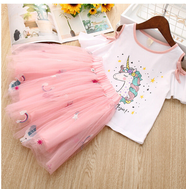Girls Cartoon Print Short-sleeved T-shirt   Puffy Skirt