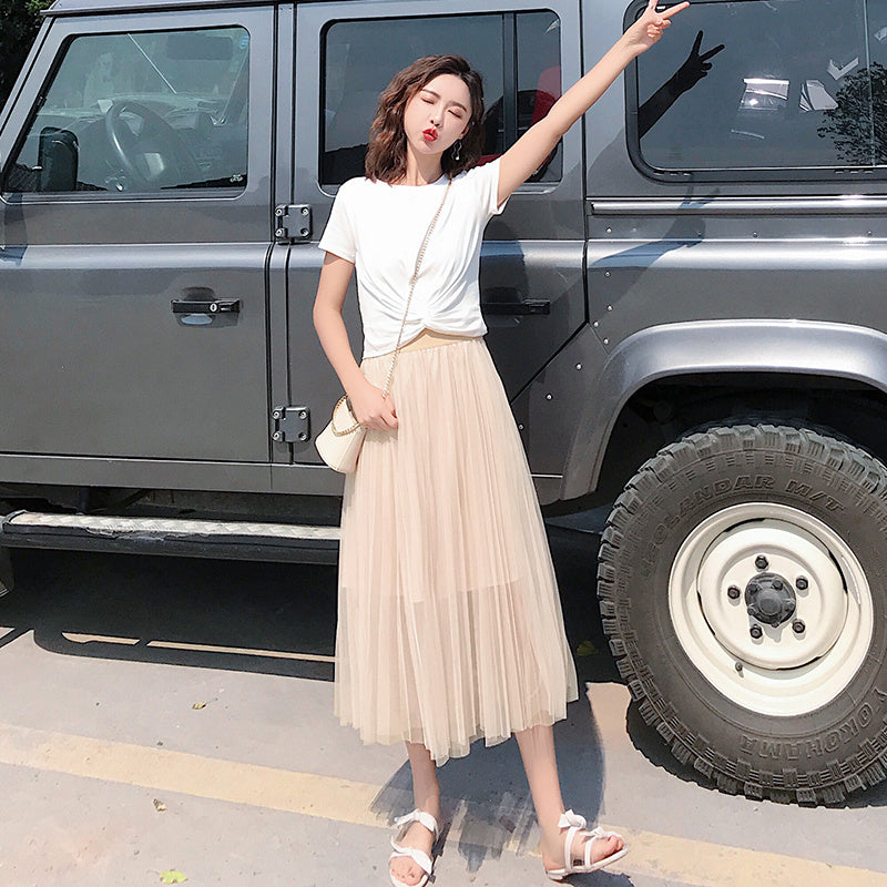 High Waist Mid-length Pleated Draped Yarn Skirt