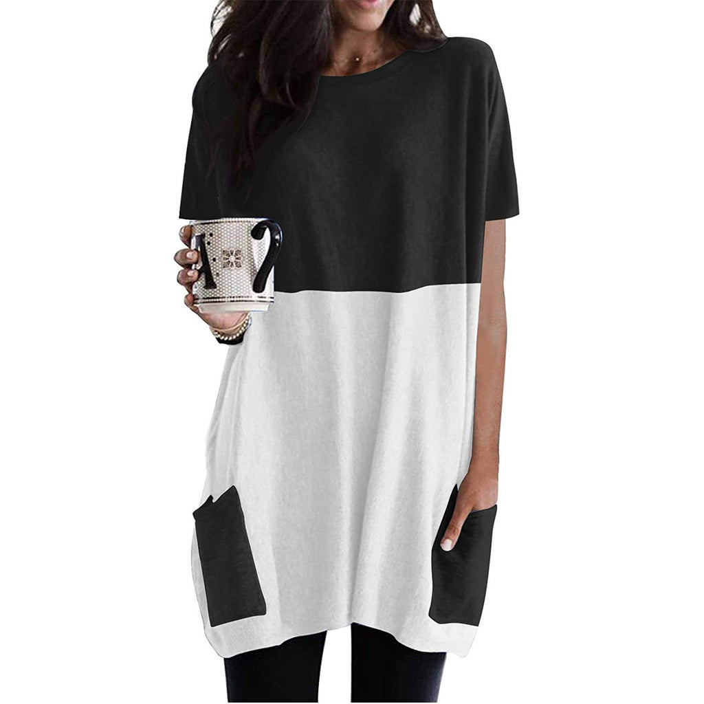 Solid Color Stitching Pocket Round Neck Short-sleeved T-shirt 2 Sections