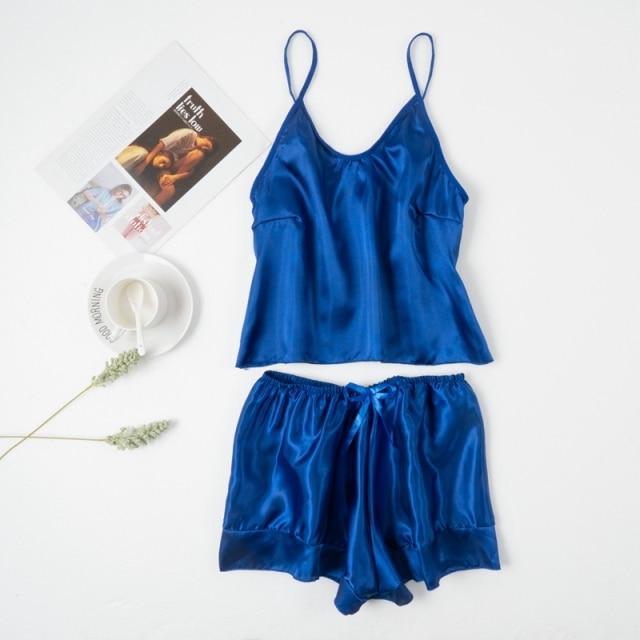 Faux Silk V-neck Lace Pajama Shorts Suit