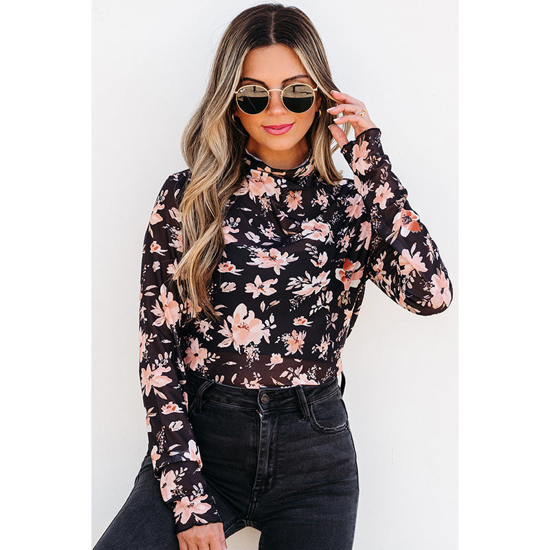 New Floral Print Turtleneck Long Sleeve T-shirt Women