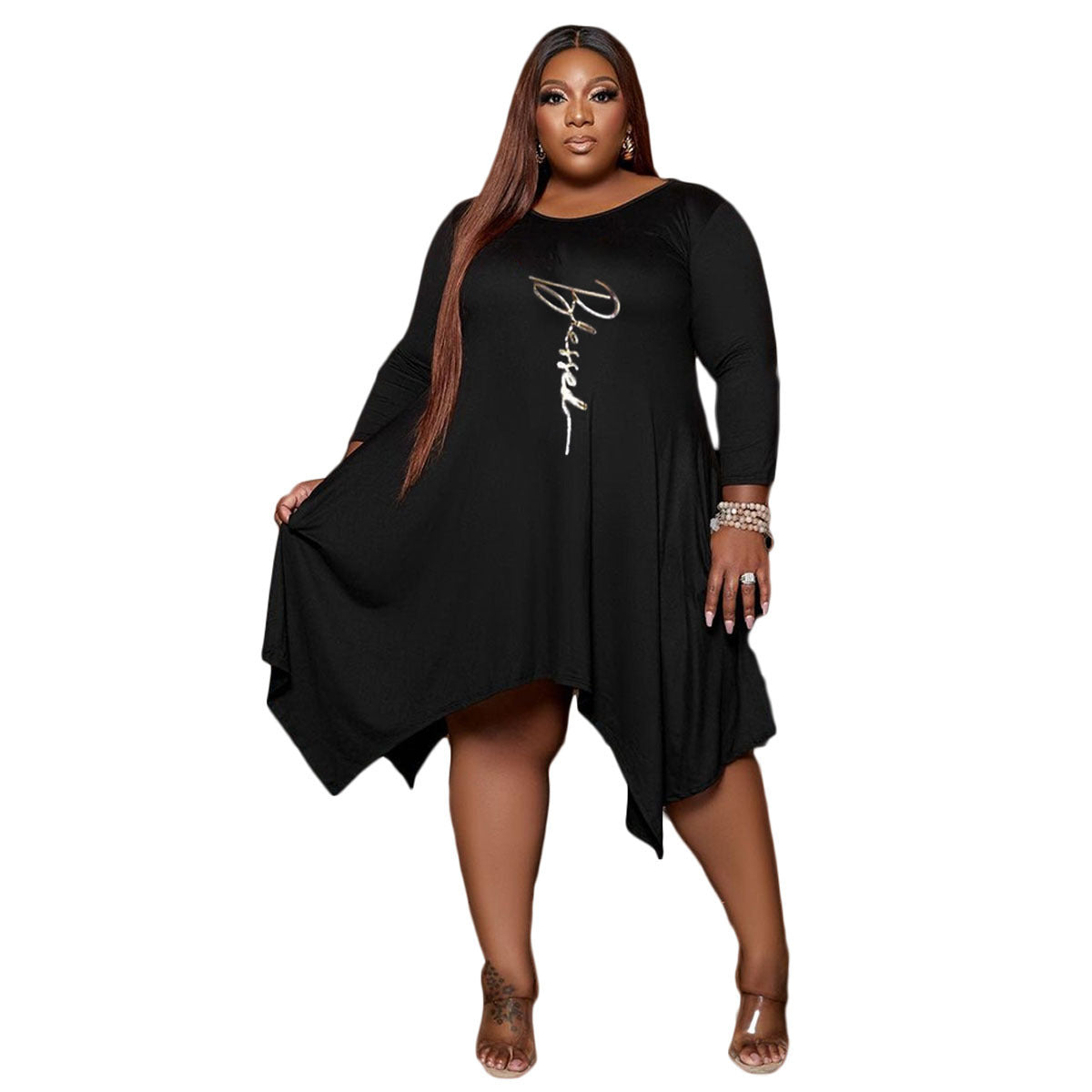 Plus Size Printed Irregular Swing Pocket Dress