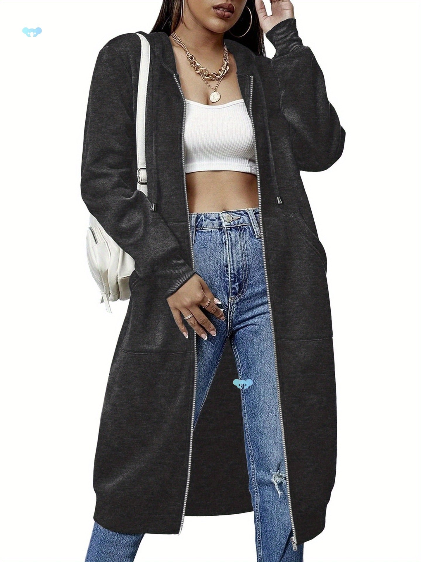 Women'S Casual Long Zip Hoodie Sweatshirt With Drawstring H