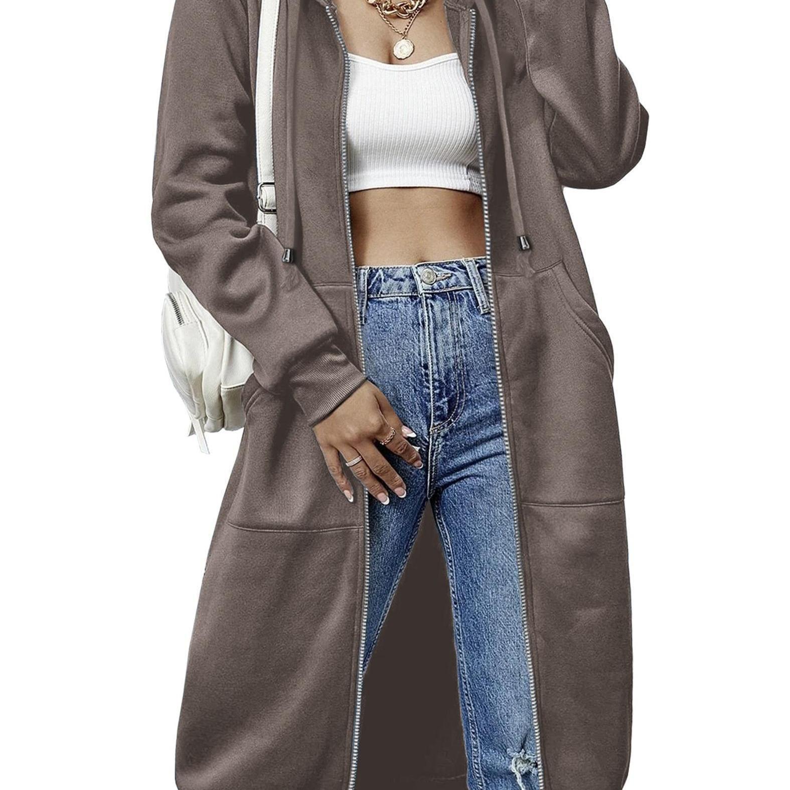 Women'S Casual Long Zip Hoodie Sweatshirt With Drawstring H