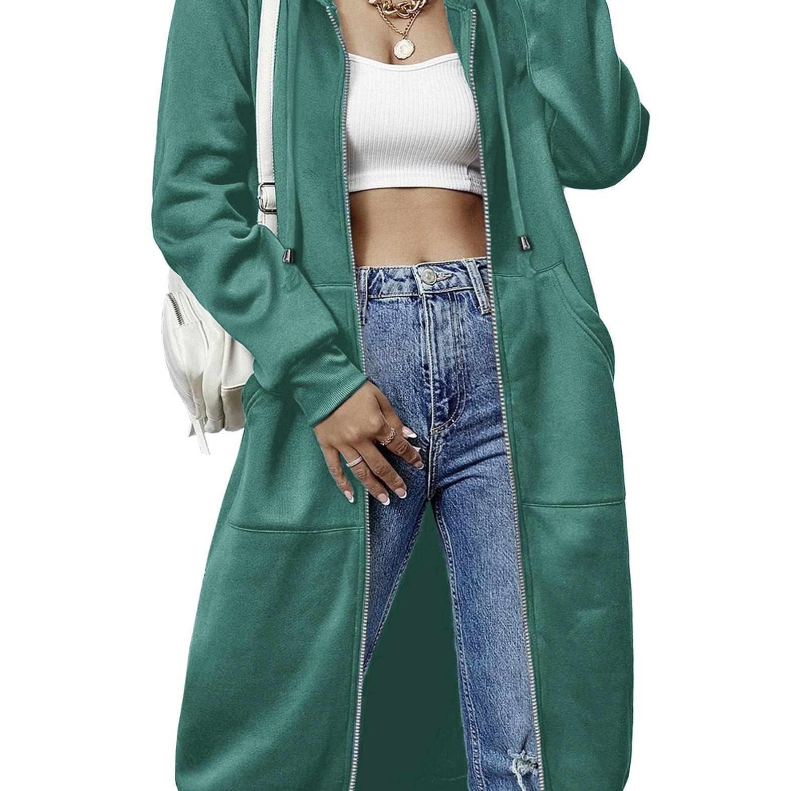 Women'S Casual Long Zip Hoodie Sweatshirt With Drawstring H