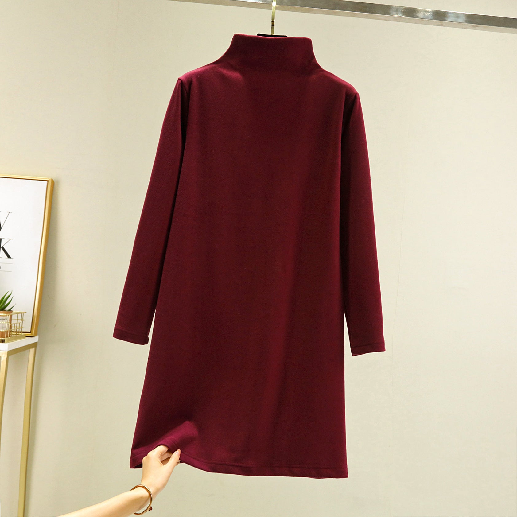 Loose Casual Long Sleeves Half-high Collar Inner Match Mid-length Dress