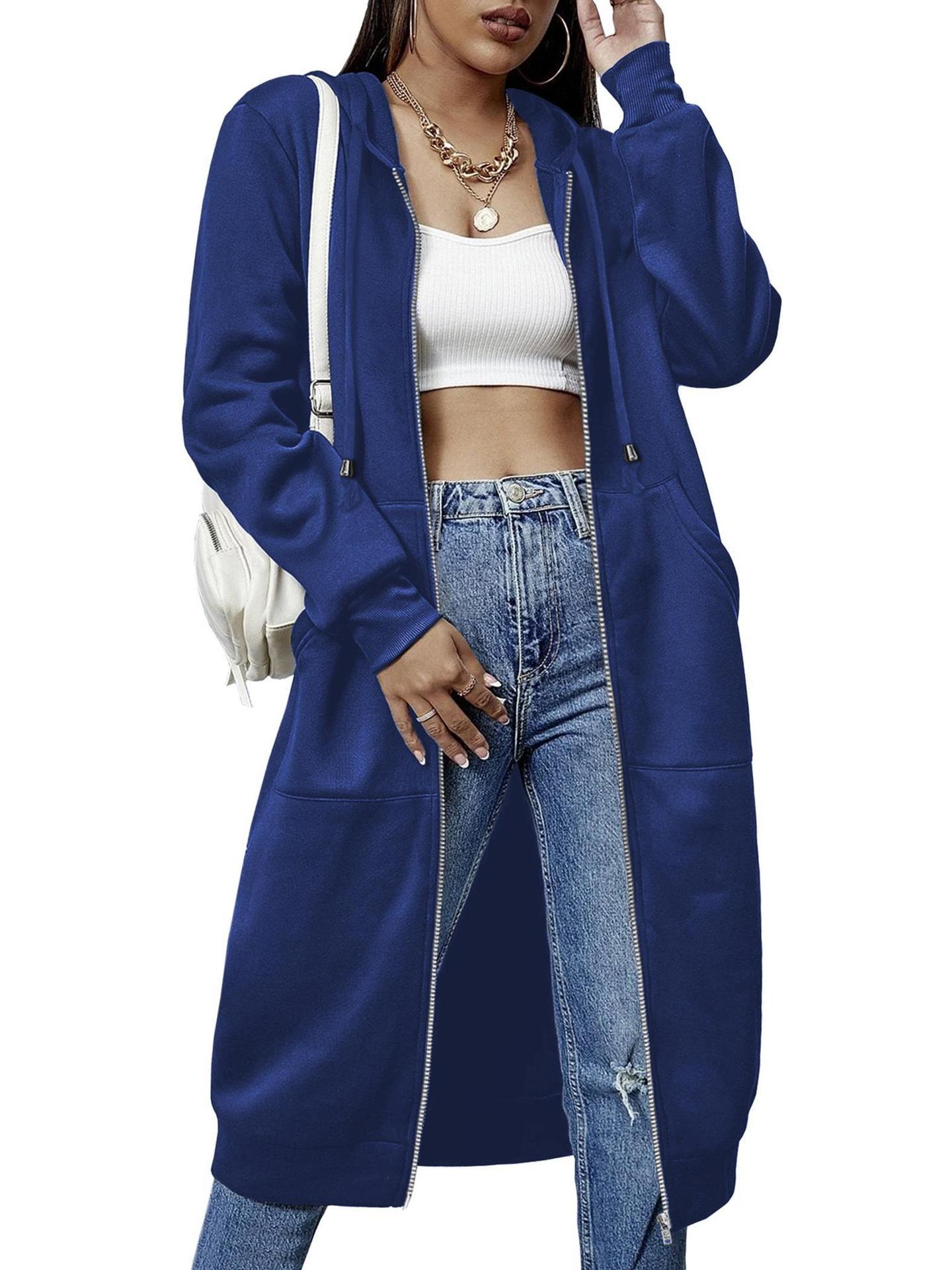 Women'S Casual Long Zip Hoodie Sweatshirt With Drawstring H