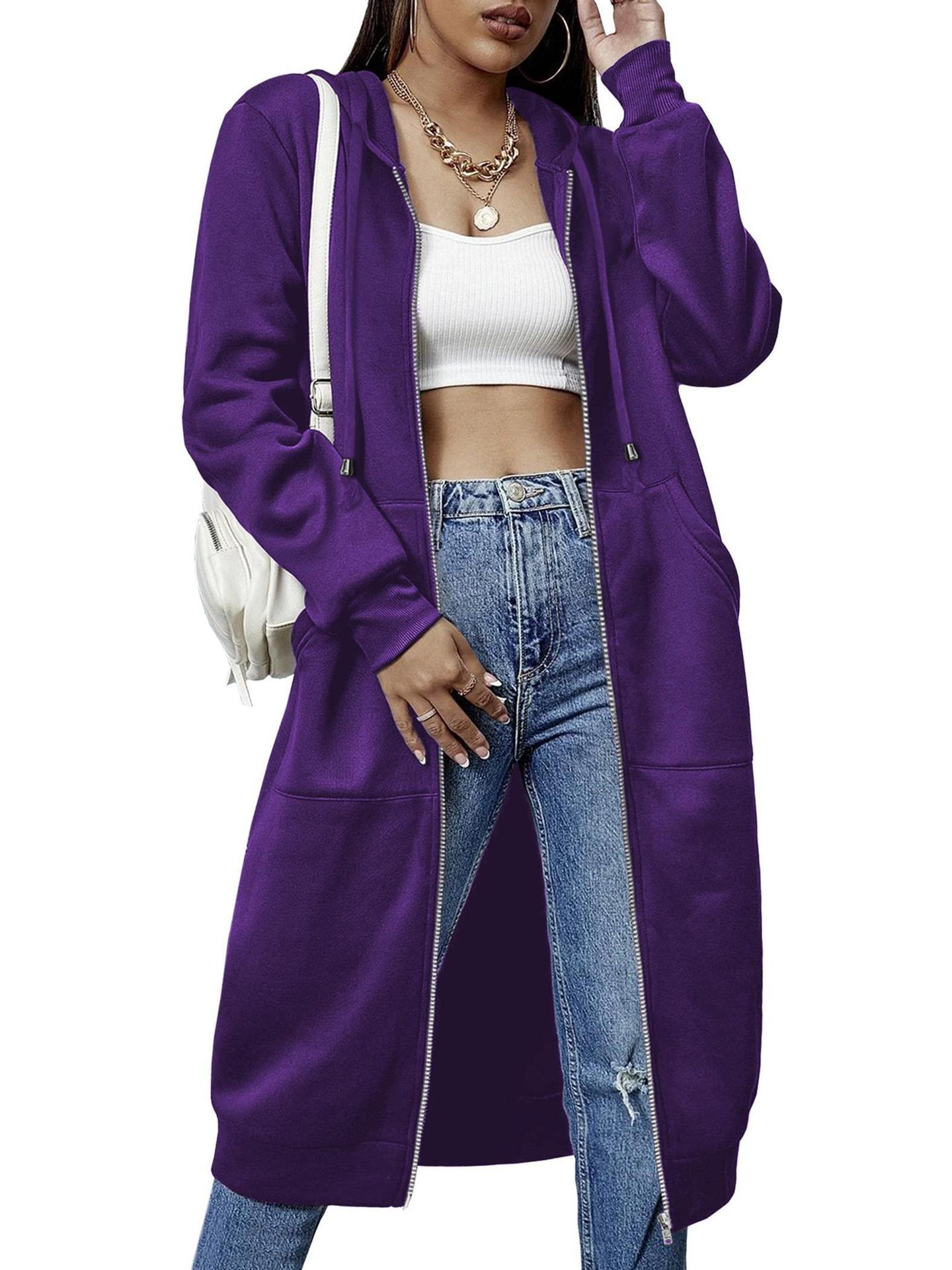 Women'S Casual Long Zip Hoodie Sweatshirt With Drawstring H