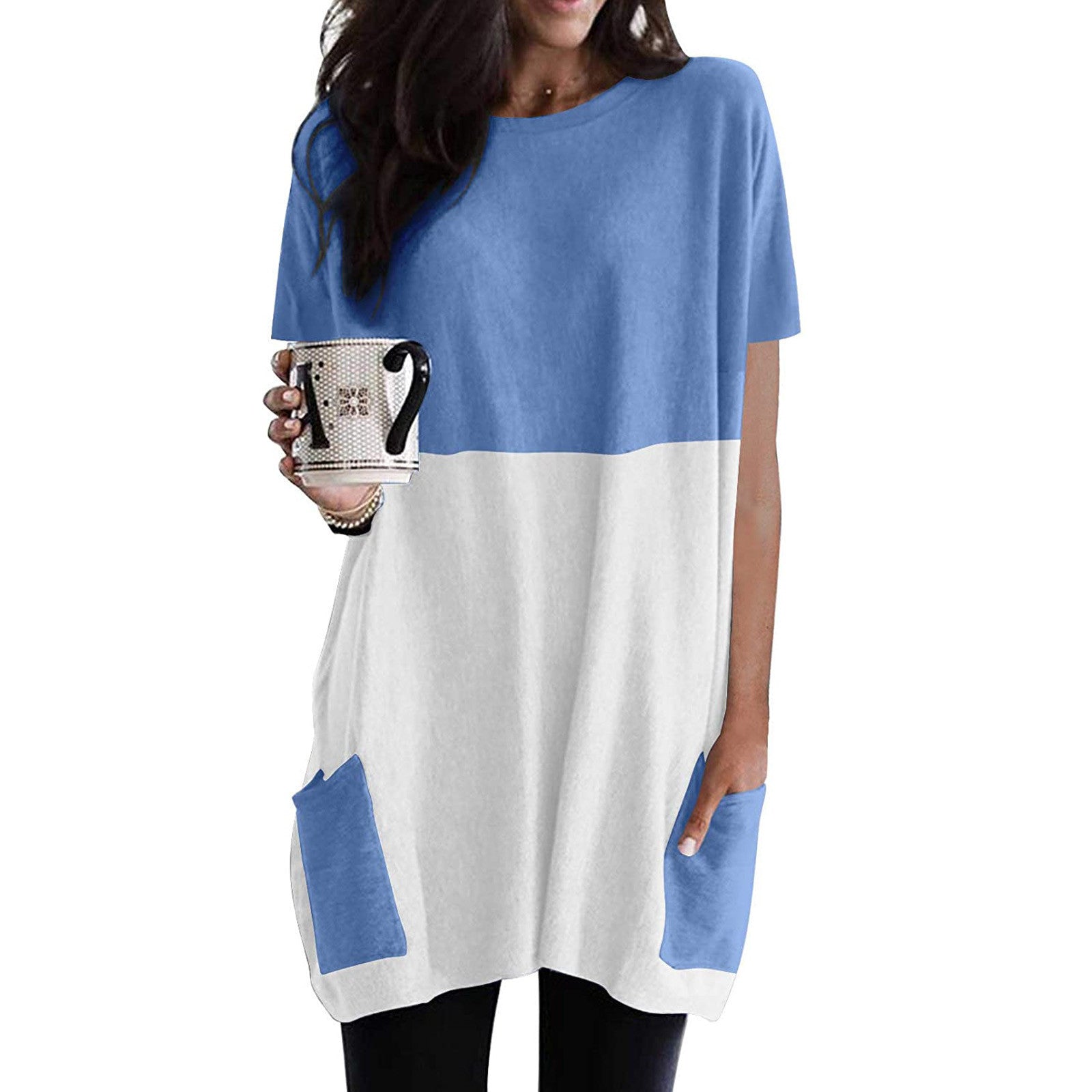 Solid Color Stitching Pocket Round Neck Short-sleeved T-shirt 2 Sections