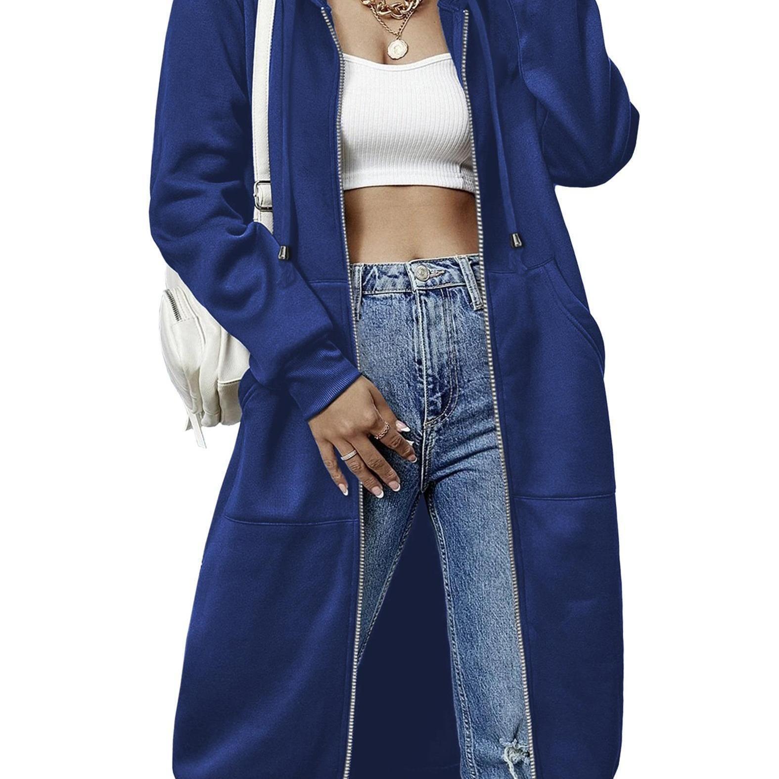 Women'S Casual Long Zip Hoodie Sweatshirt With Drawstring H