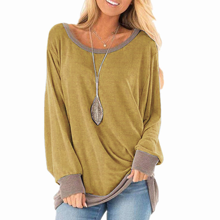 Women's Color Matching Round Neck Long-sleeved Loose T-shirt