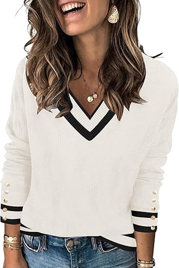 Solid Color Versatile Knitted V-neck Loose Fit
