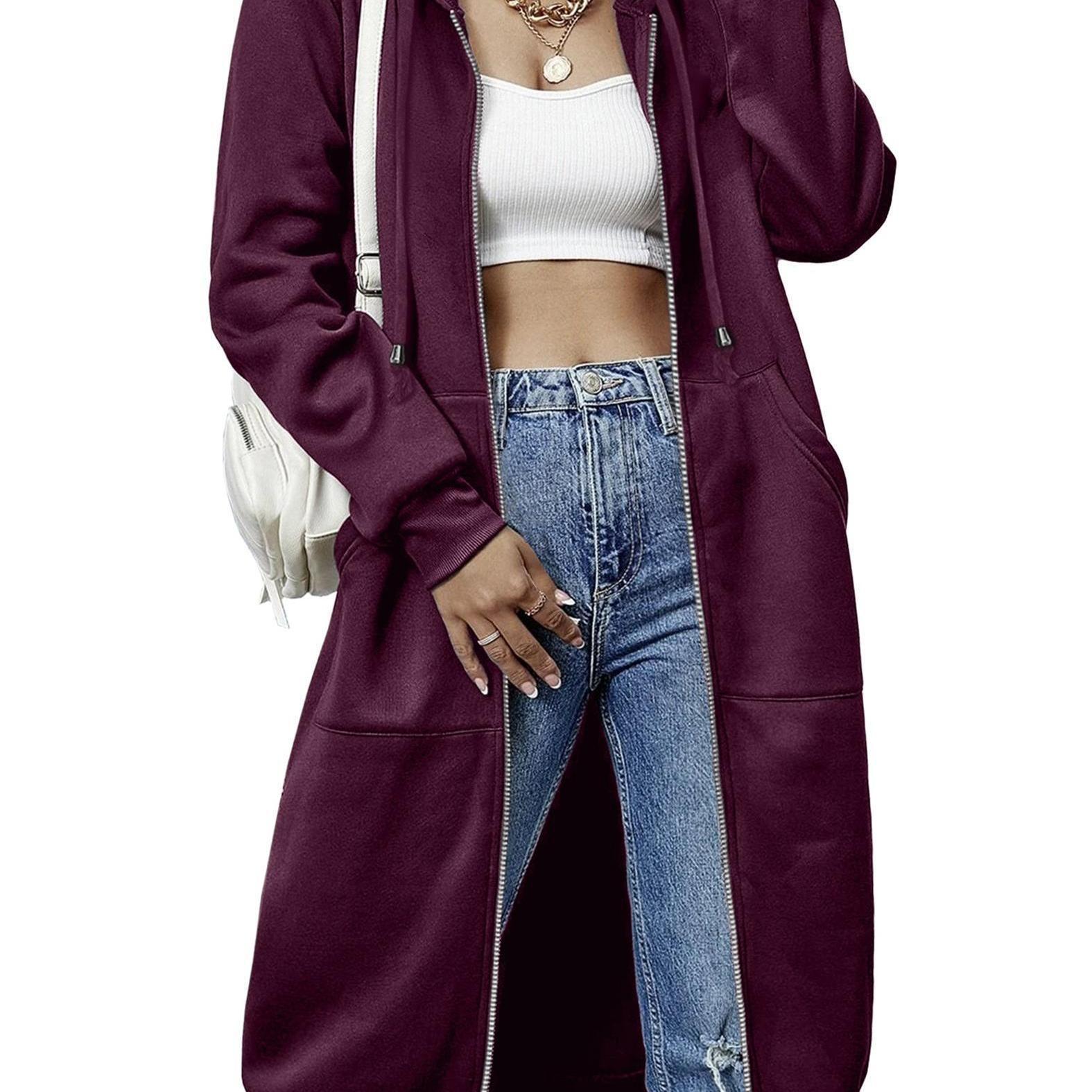 Women'S Casual Long Zip Hoodie Sweatshirt With Drawstring H