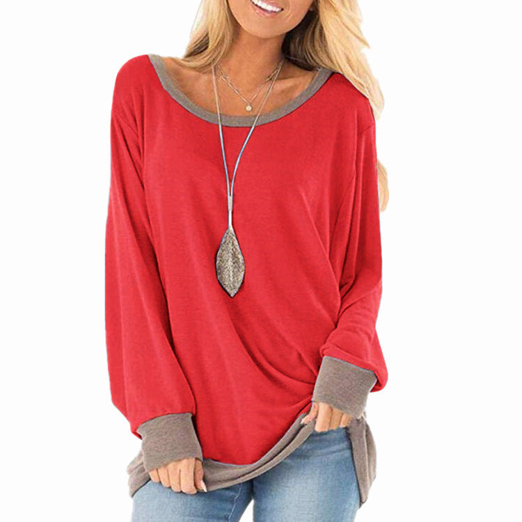 Women's Color Matching Round Neck Long-sleeved Loose T-shirt