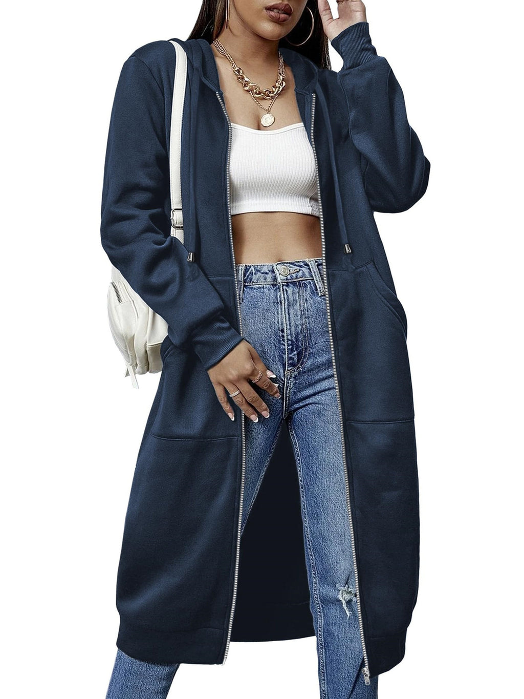 Women'S Casual Long Zip Hoodie Sweatshirt With Drawstring H