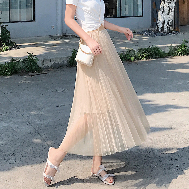 High Waist Mid-length Pleated Draped Yarn Skirt