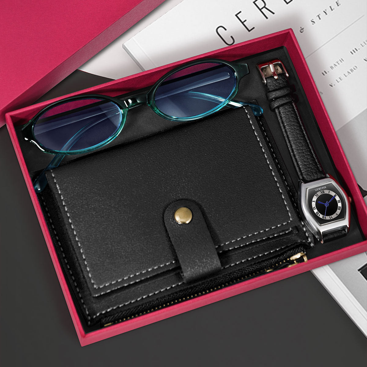 Vintage Women's Quartz Watch With Wallet Glasses Gift Set Box