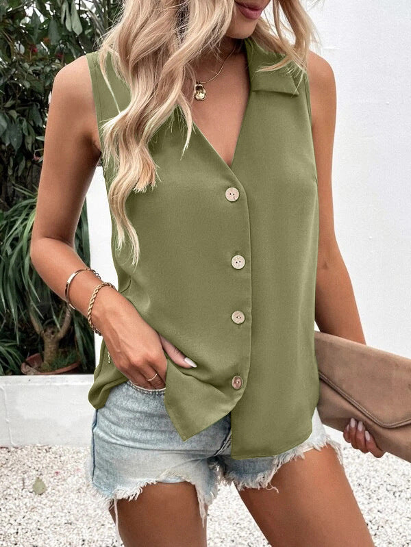 Women's Fashion Solid Color And V-neck Loose Chiffon Shirt Sleeveless Button Vest