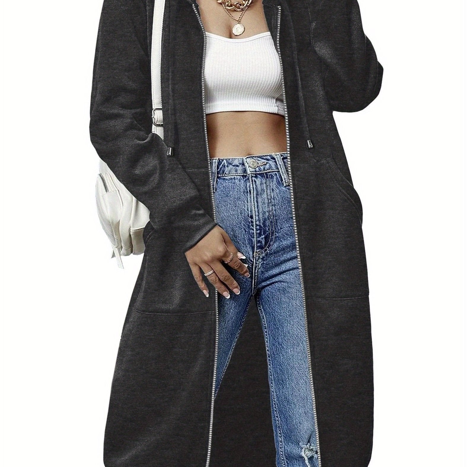 Women'S Casual Long Zip Hoodie Sweatshirt With Drawstring H
