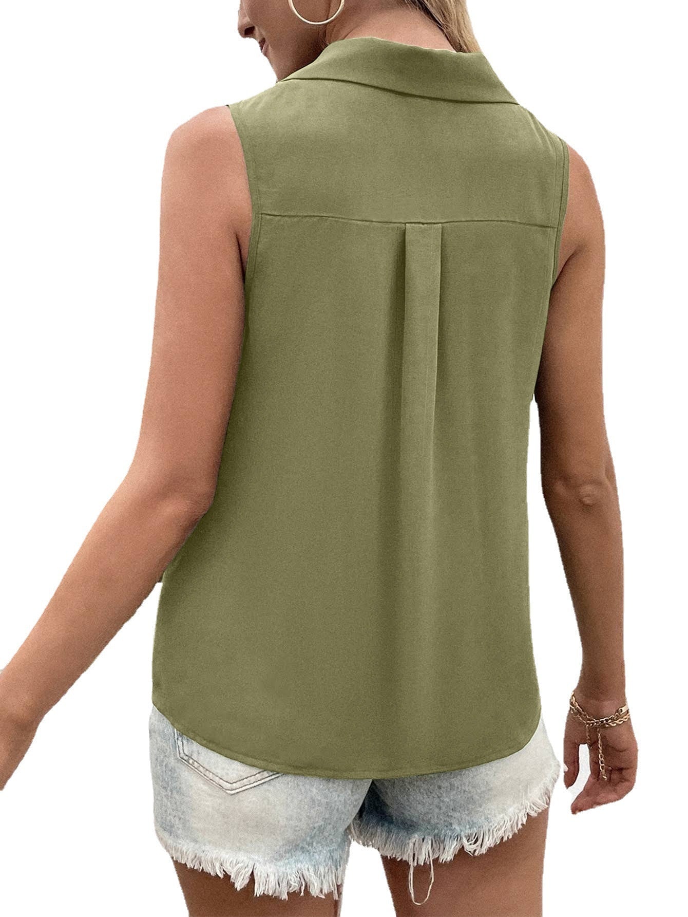 Women's Fashion Solid Color And V-neck Loose Chiffon Shirt Sleeveless Button Vest