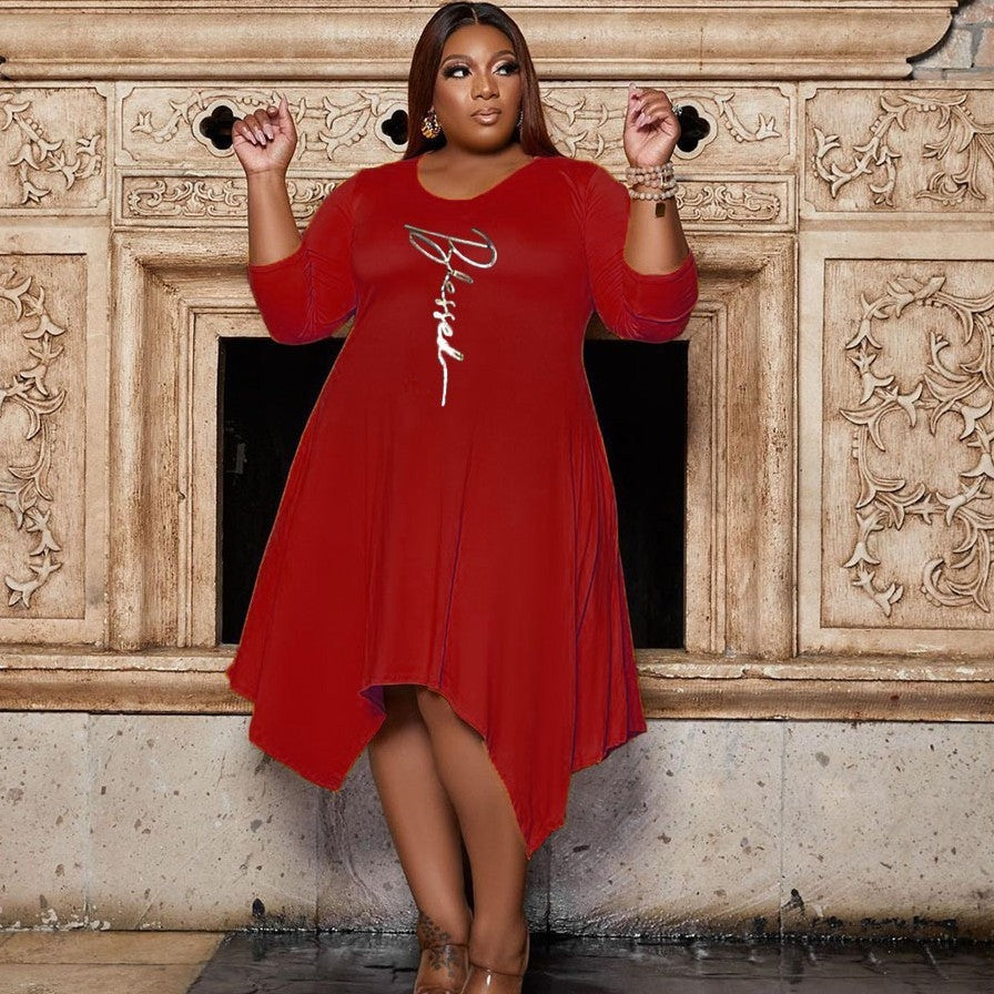 Plus Size Printed Irregular Swing Pocket Dress