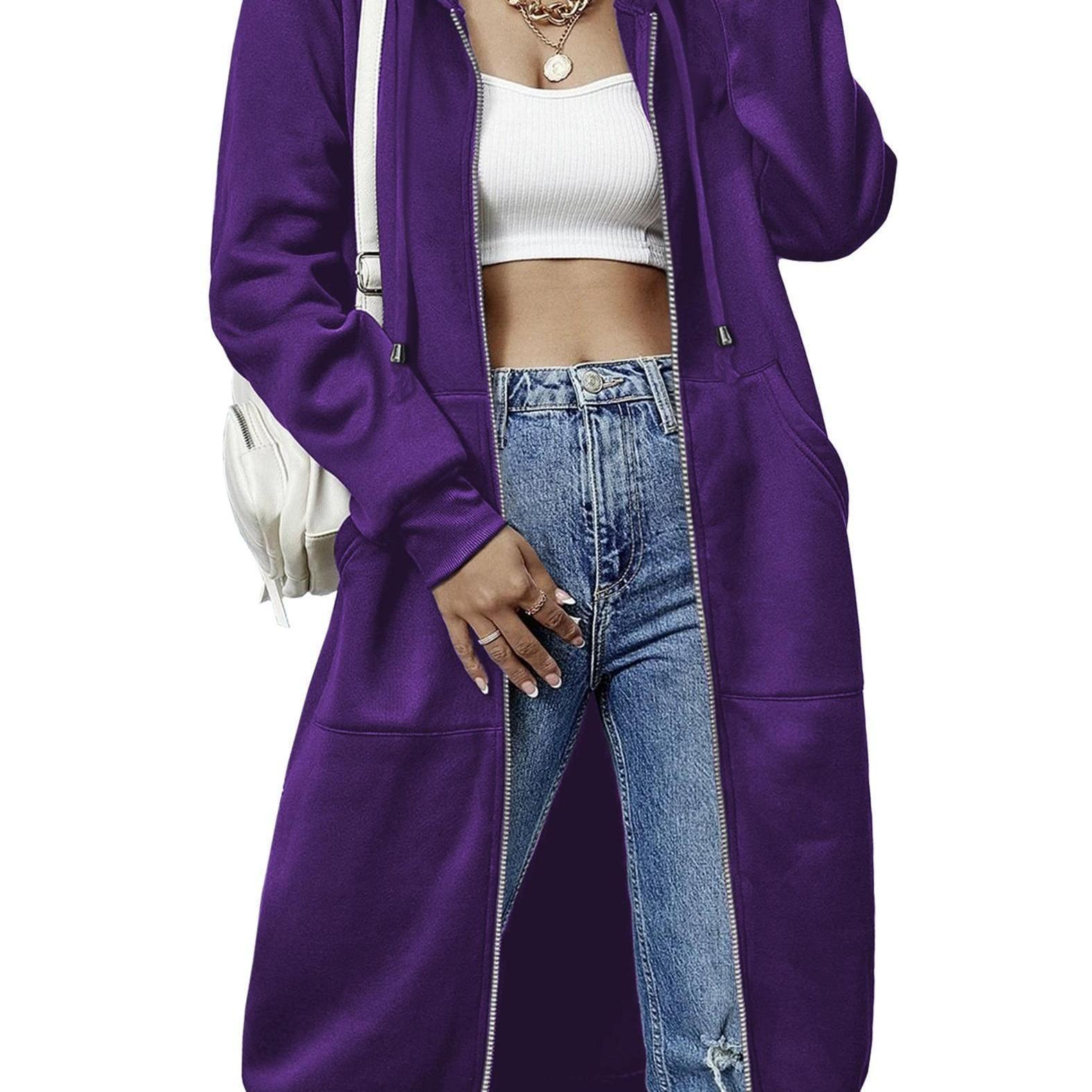 Women'S Casual Long Zip Hoodie Sweatshirt With Drawstring H