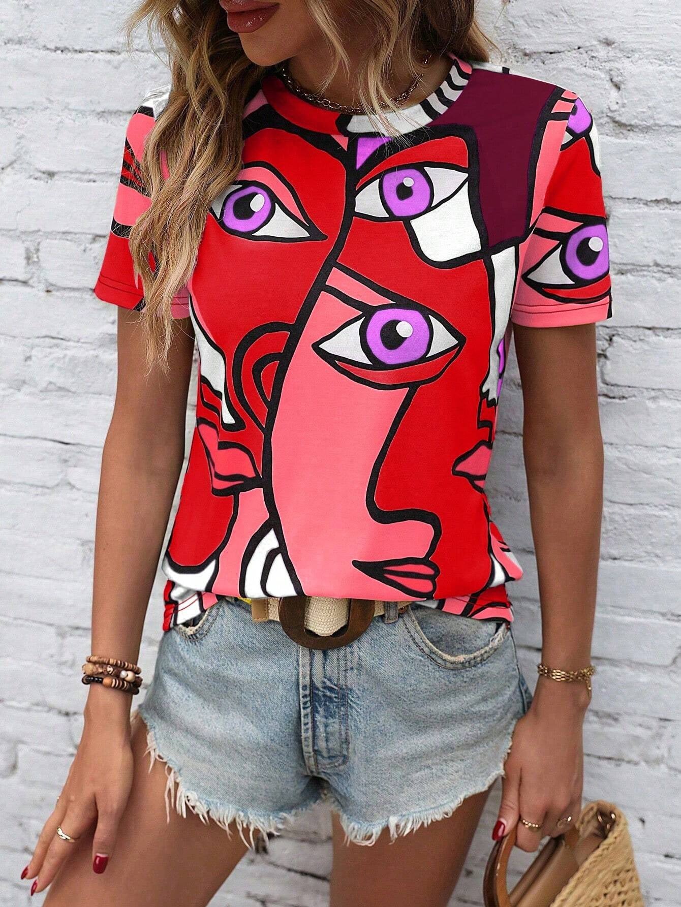 Figures Pattern Printed Crew Neck Casual T-shirt Large Size Letters Printed Summer Casual And Comfortable