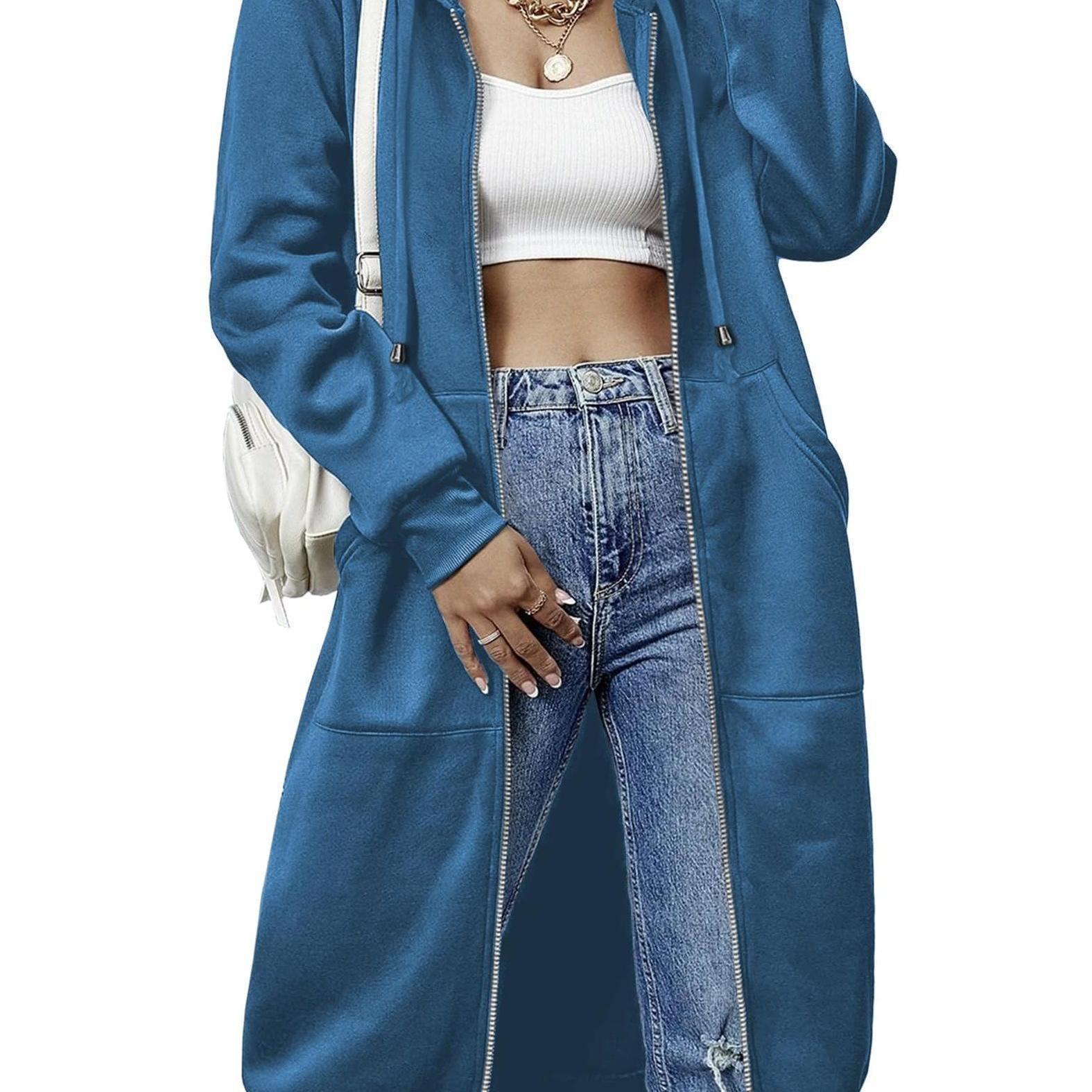 Women'S Casual Long Zip Hoodie Sweatshirt With Drawstring H