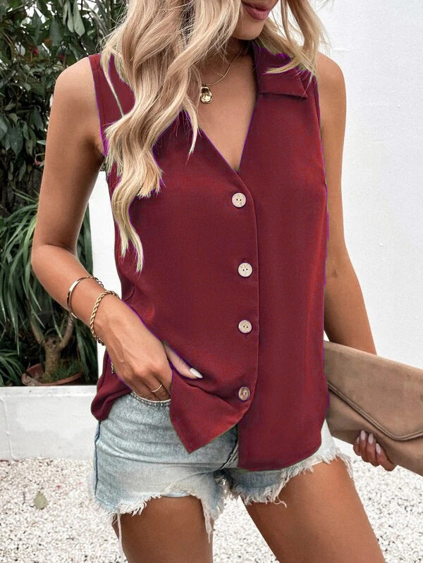 Women's Fashion Solid Color And V-neck Loose Chiffon Shirt Sleeveless Button Vest