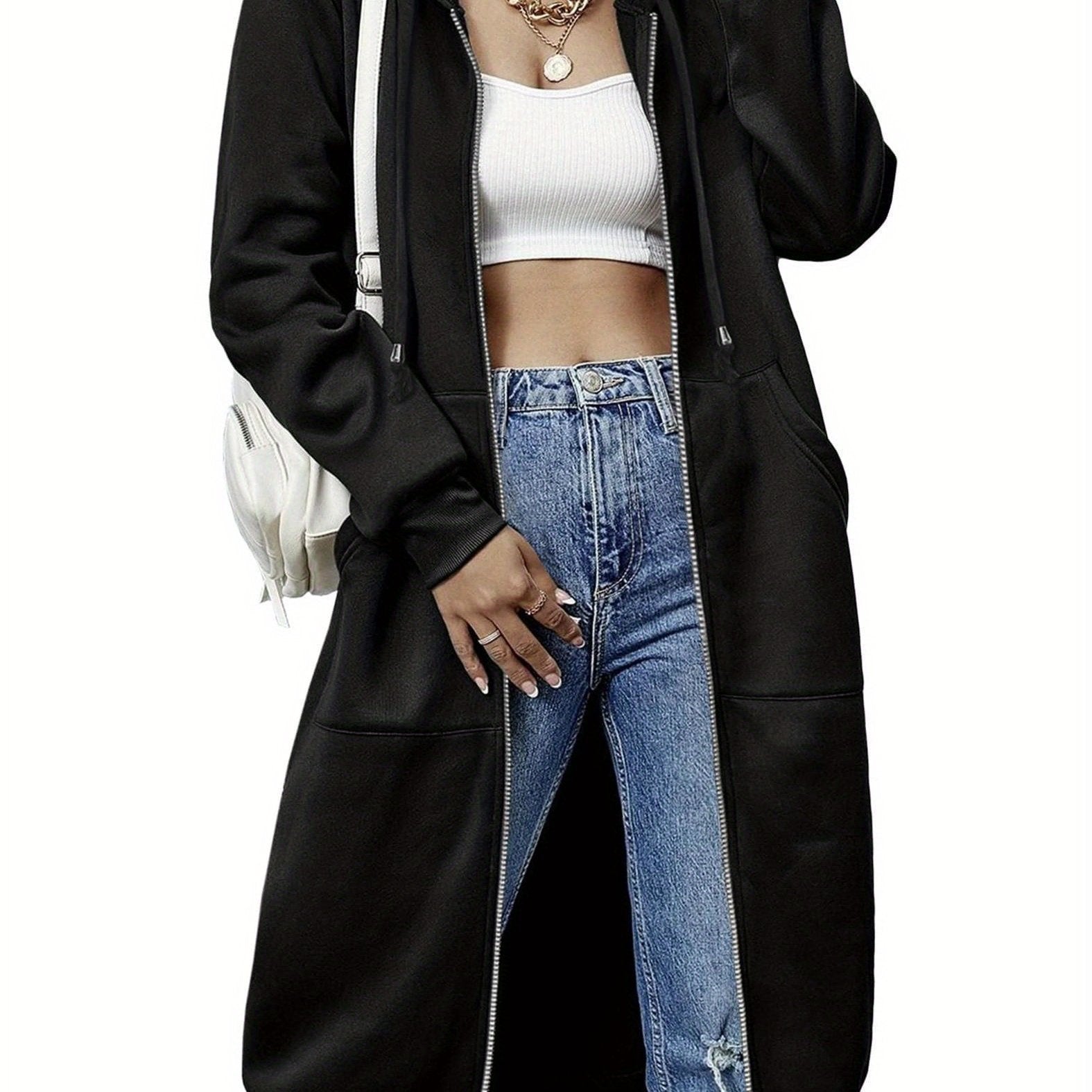 Women'S Casual Long Zip Hoodie Sweatshirt With Drawstring H